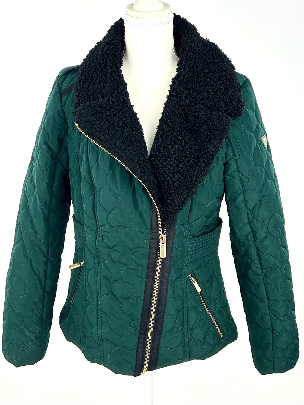 GUESS Green Quilted Jacket M Black Sherpa Collar Gold Zip Moto